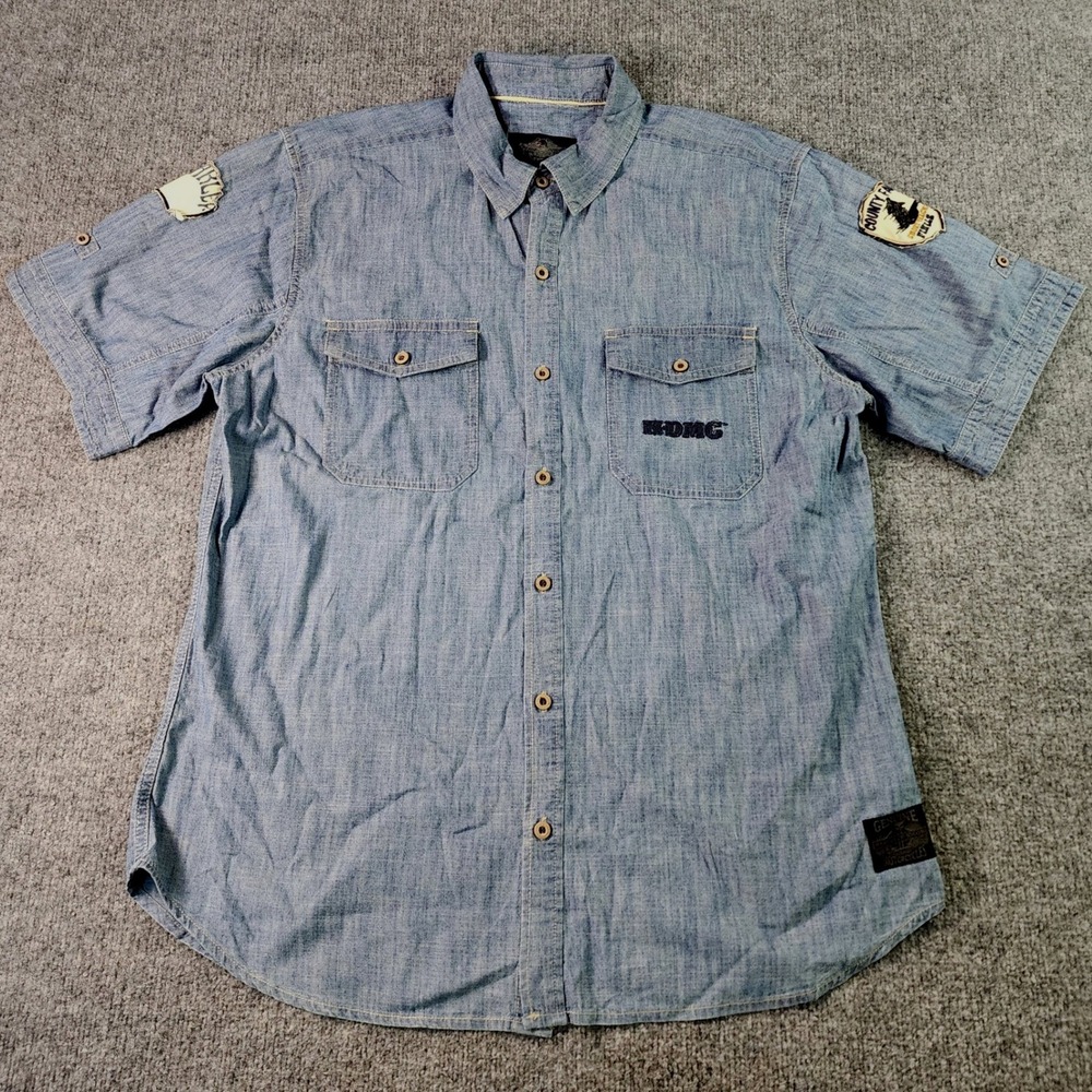 Harley-Davidson Shirt Mens XL Blue Chambray HDMC Embroidery Patches Motorcycle‎